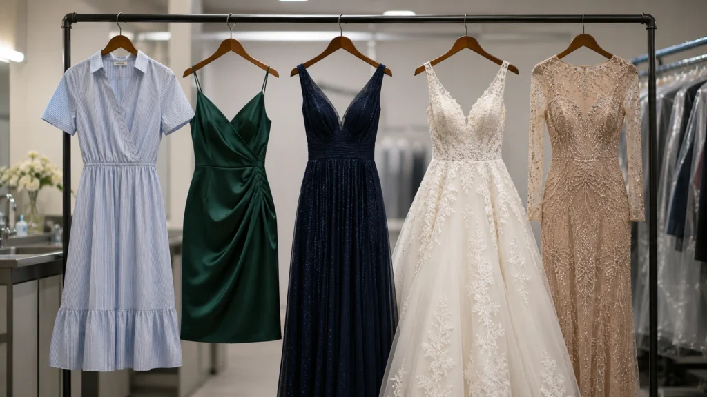 Professional inspection of a dress before dry cleaning