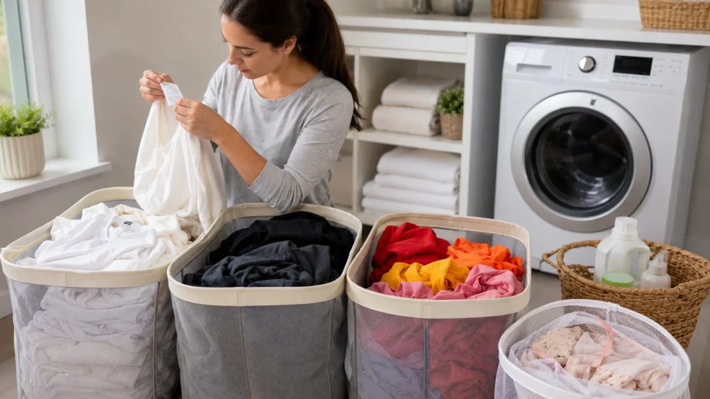 Step-by-step laundry sorting routine with separate hampers for colors and fabrics