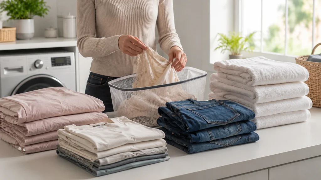 Sorting laundry by fabric type and weight including delicates, denim and towels