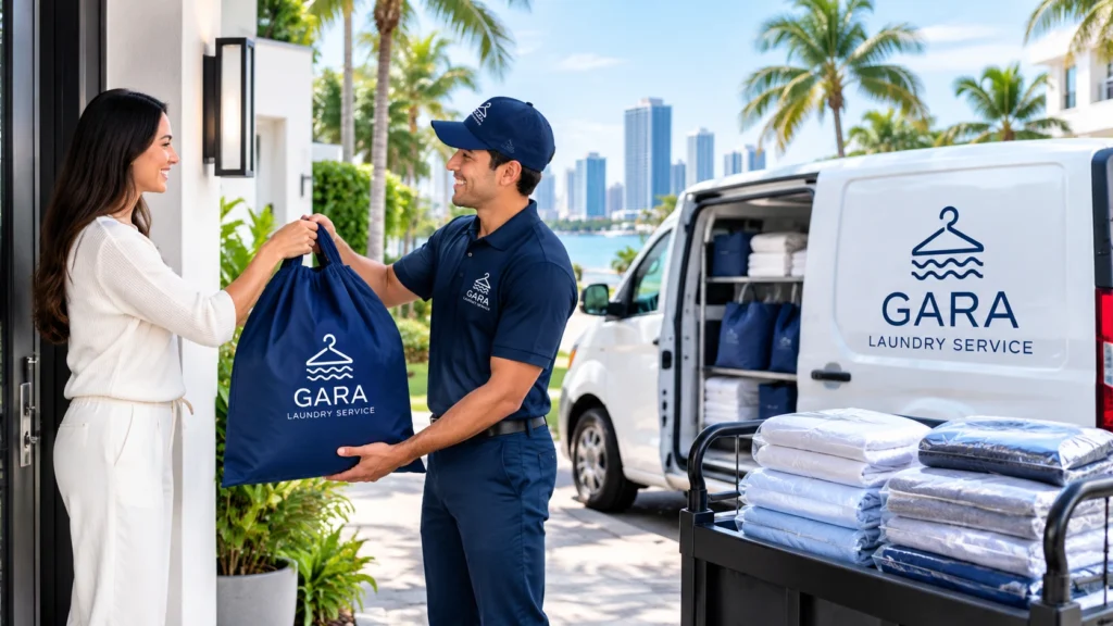 Laundry pickup and delivery service collecting clean clothes for same day delivery