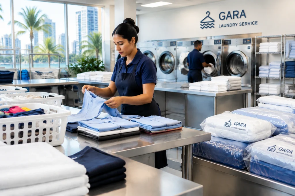 Same day laundry service process with professional clothes sorting and folding